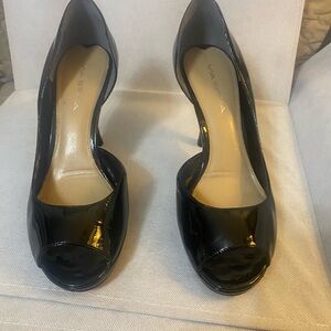 Via Spiga Black Patent Peep-Toe Heels